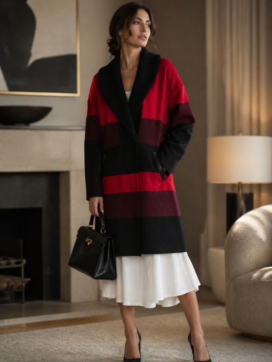 St. John Jackets & Blazers - St. John Red/Black Wool Striped Sweater Jacket Fur Collar Size XL